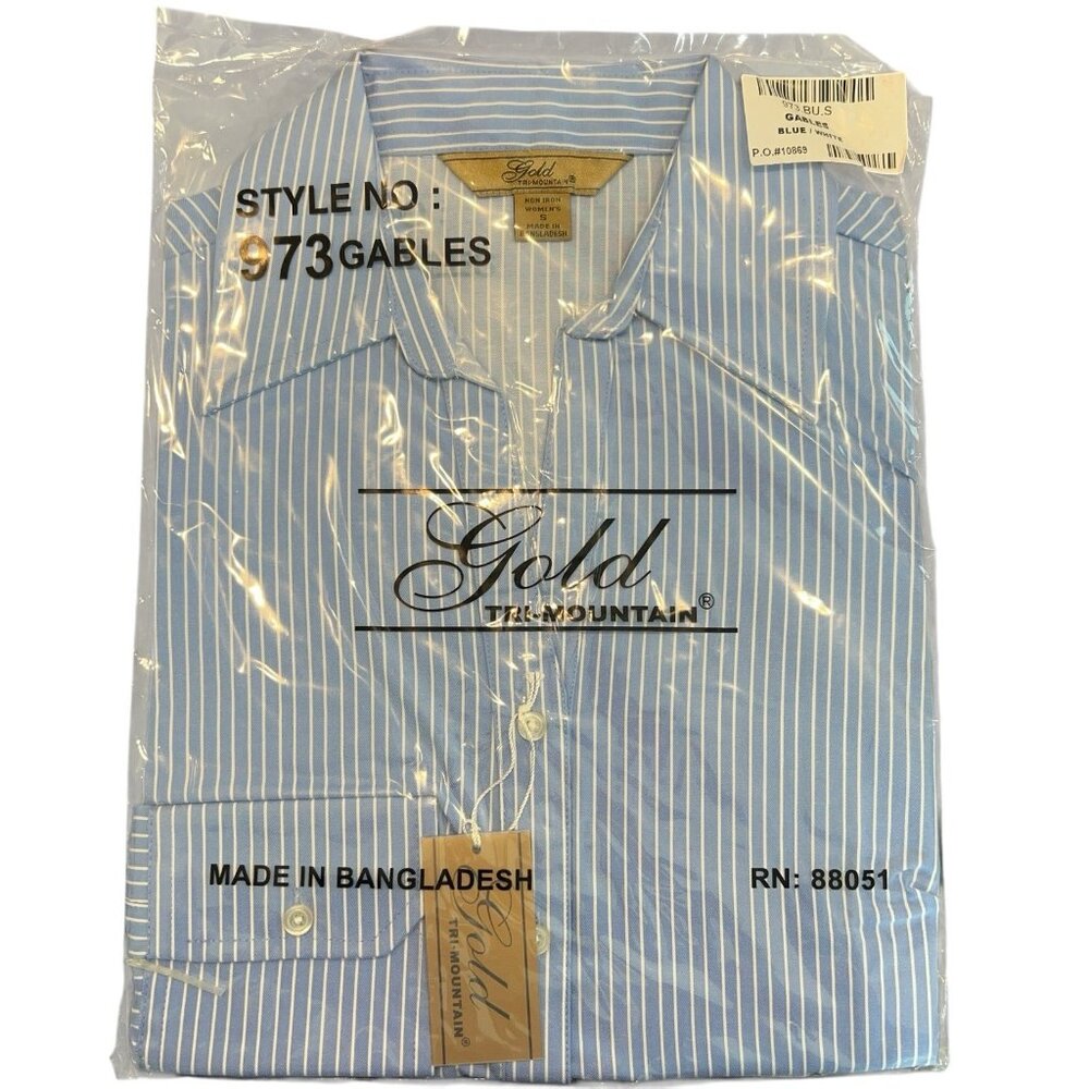 NWT Tri-Mountain Gold Blue White Stripe Button Down Shirt Womens Small 973Gables